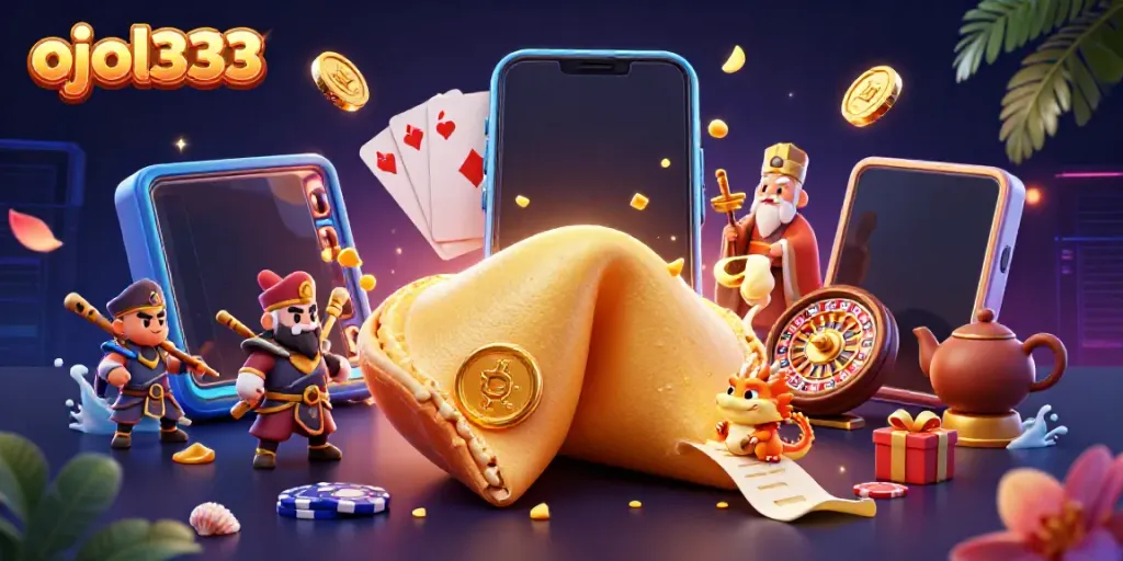 Experience ojol333's vibrant gaming world with animated fortune cookie and dynamic slot elements.