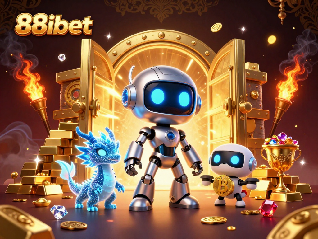 Experience the thrill of winning with 88ibet's dazzling casino scene featuring a cyberpunk robot and glowing treasures.