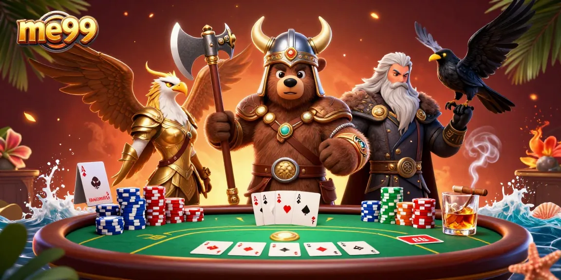Experience thrilling action at me99 with a Viking berserker bear and Valkyrie eagle gaming at a colorful poker table.