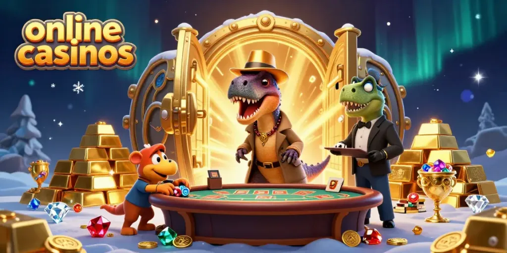 Experience thrilling online casinos with a velociraptor card counter and special effects showcasing excitement and wealth.