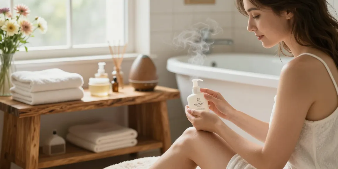 Les bons gestes d'hygiène intime, femme utilisant des produits de soin intime dans une salle de bain apaisante.