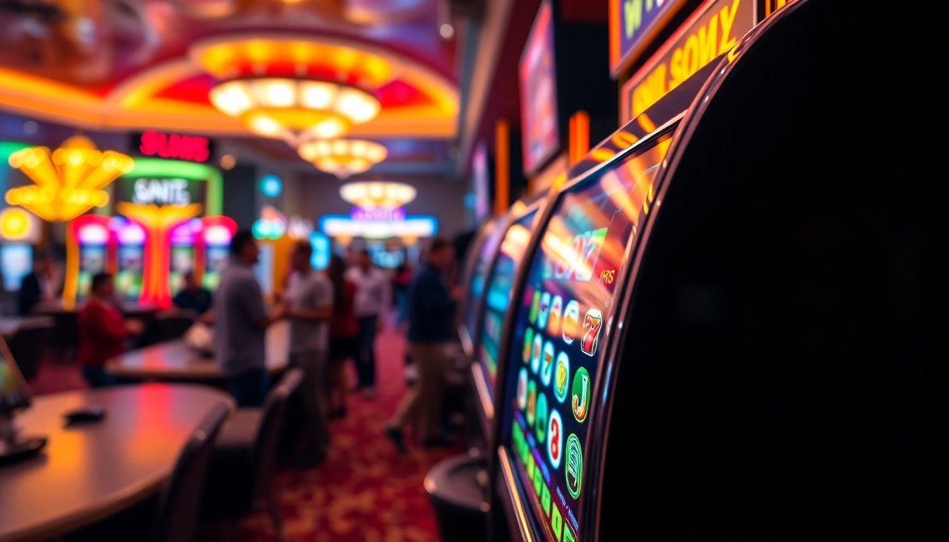 Experience slot gambling excitement with a colorful casino setting featuring dynamic slot machines.