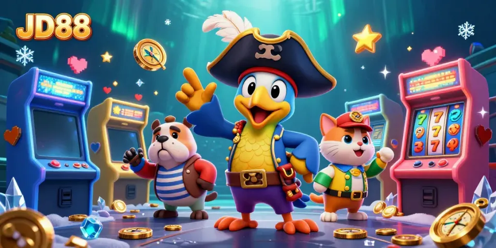 Experience thrilling gameplay at JD88 with pirate-themed characters surrounded by vibrant casino elements.