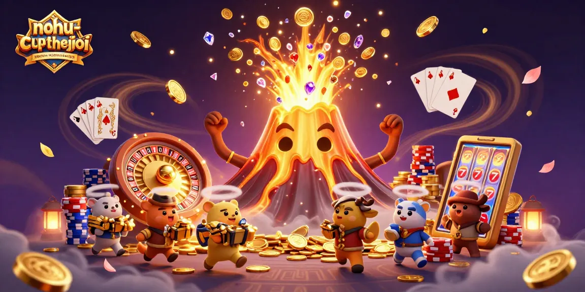 Nohu-cupthegioi casino scene showcasing golden volcano eruption, treasure, and vibrant gambling elements.