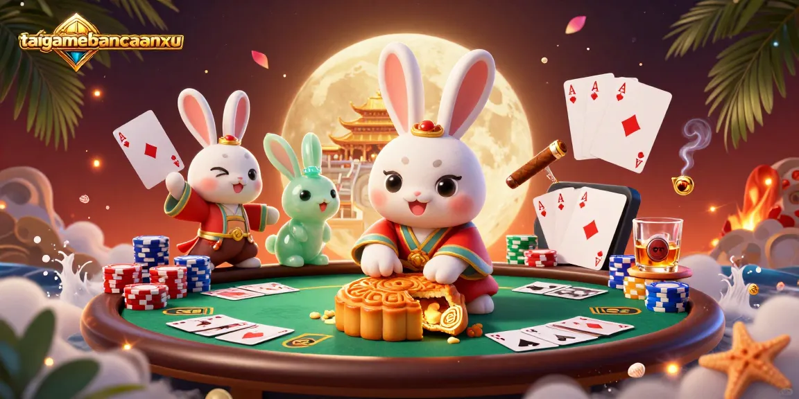 Play taigamebancaanxu with the moon rabbit revealing poker chips in a vibrant casino scene.