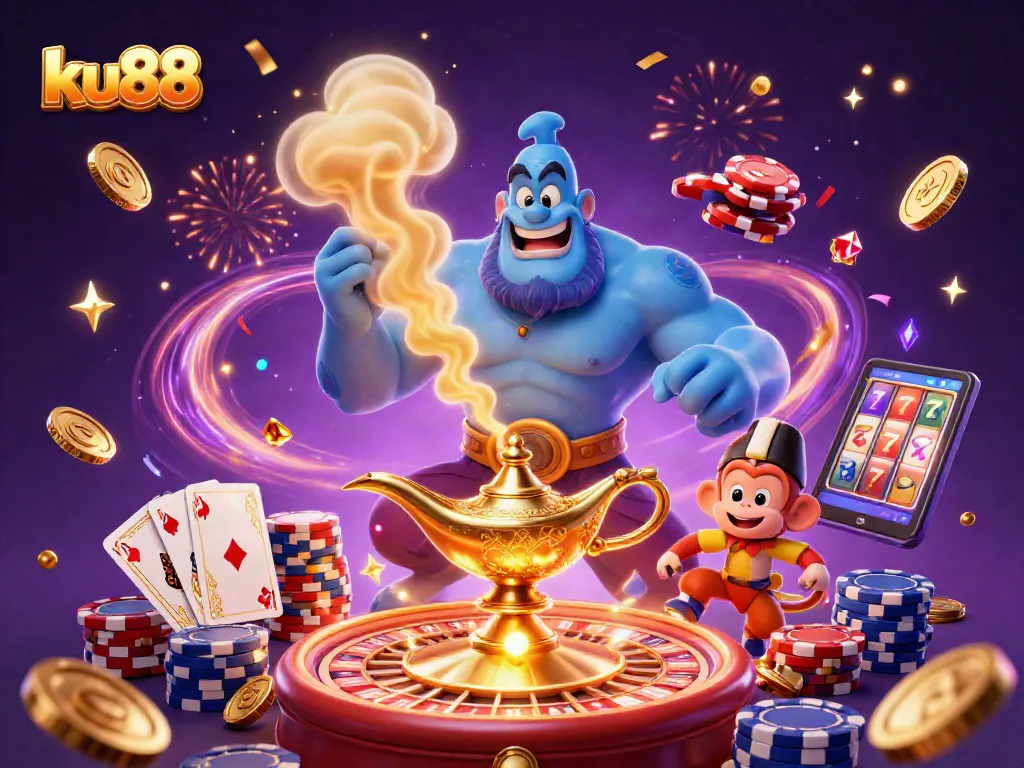 Experience thrilling moments with ku88 as a genie emerges, showering golden coins in a vibrant casino scene.