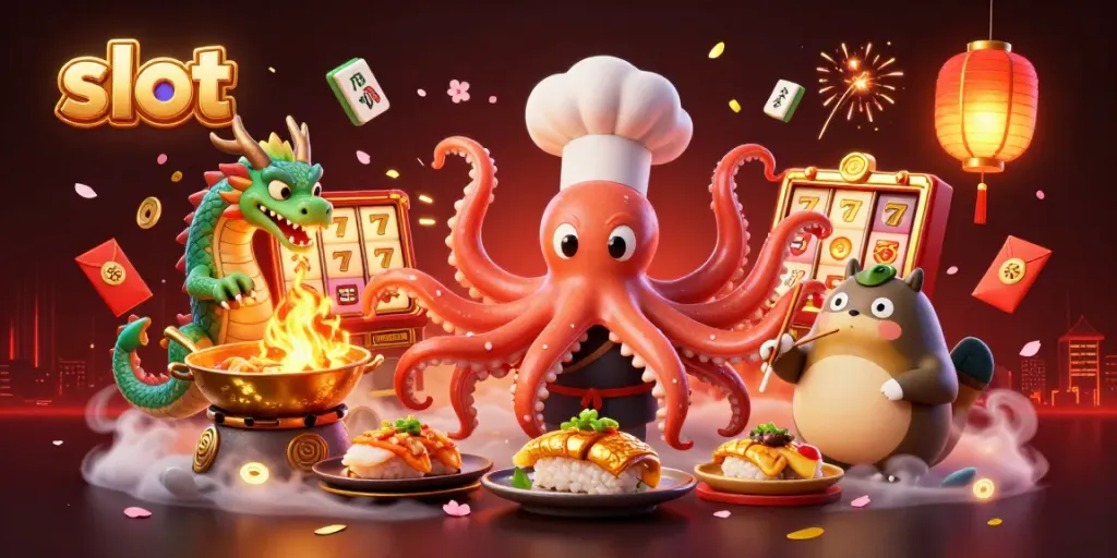 Slot mesin menarik simbol keberuntungan dengan koki sushi dan naga di latar belakang.
