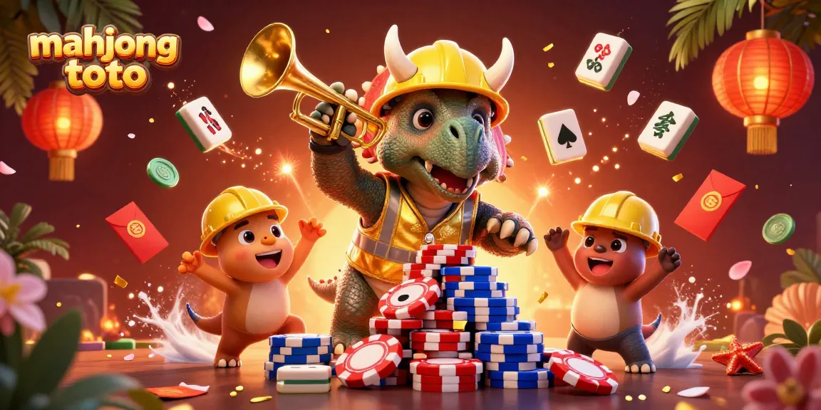 Engage with mahjong toto where a triceratops builds a pyramid of poker chips amid cheering companions.