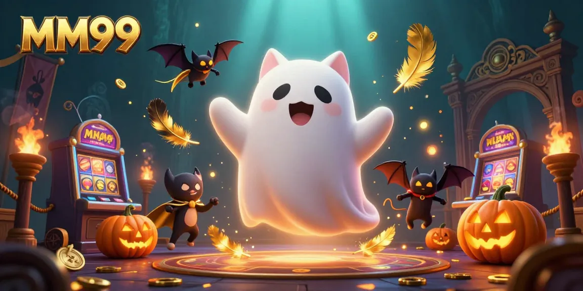 Experience exhilarating wins at MM99 Casino with a ghost cat and vampire bat in a haunted setting.