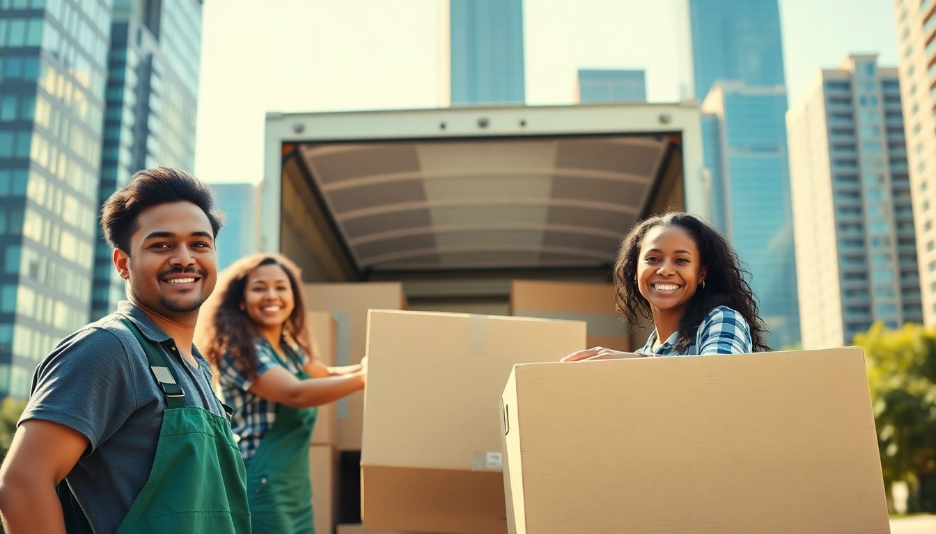 Efficient team managing Residential Moving Services with care and professionalism in a bright urban setting.