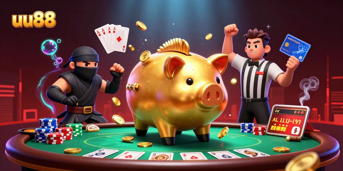 uu88 showcases an epic showdown between a golden piggy bank sumo wrestler, a wallet ninja, and a credit-card samurai in a thrilling casino scene.