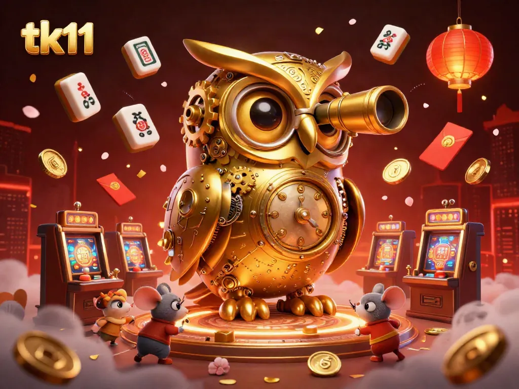Experience tk11's vibrant casino scene with a clockwork owl and whimsical mouse patrons amidst dazzling elements.