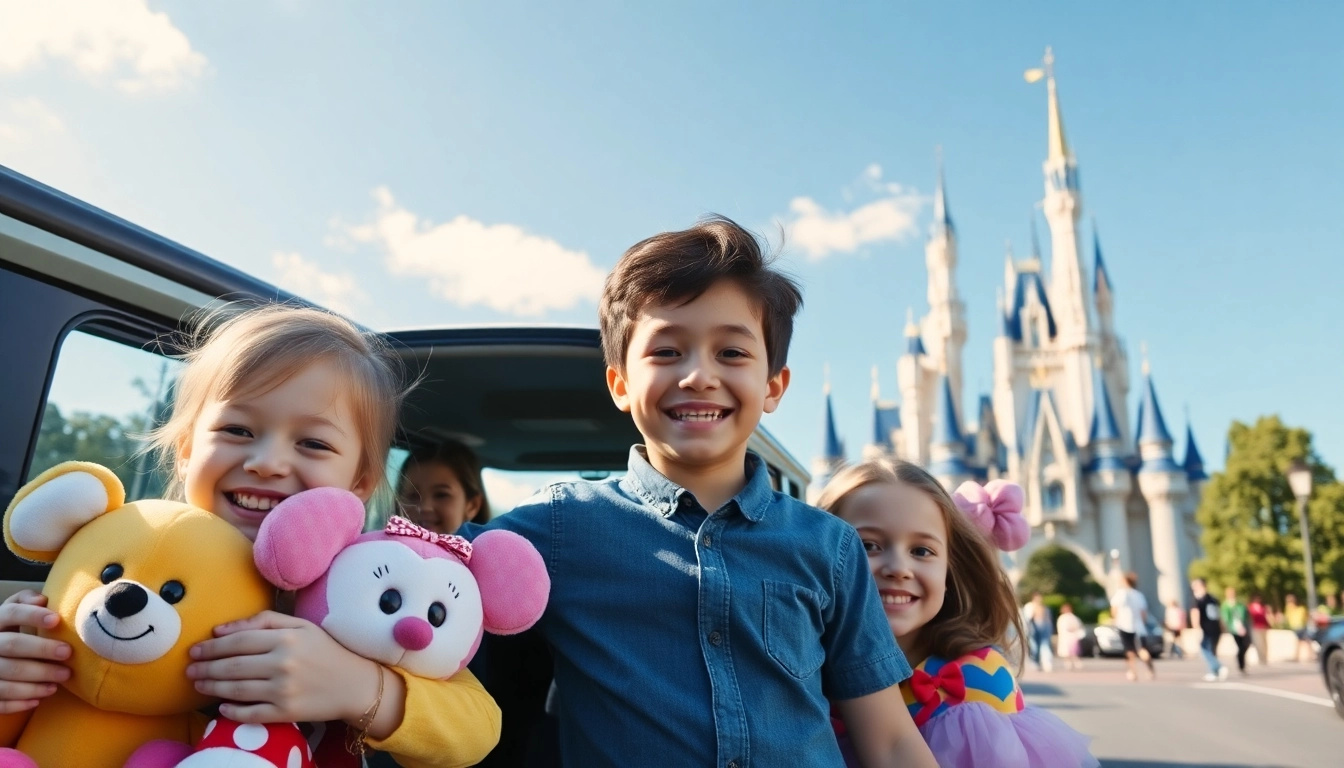 Enjoy transfers from Paris airport to Disneyland with a cheerful family arriving at the resort.