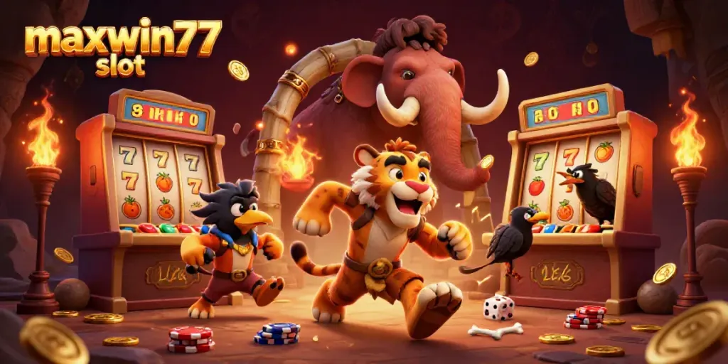 Engage with maxwin77 slot thrills featuring dynamic characters in a prehistoric casino scene.