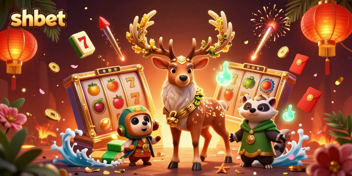 Engage with shbet in a vibrant 3D casino scene featuring a magical stag, wise badger, and lucky symbols.