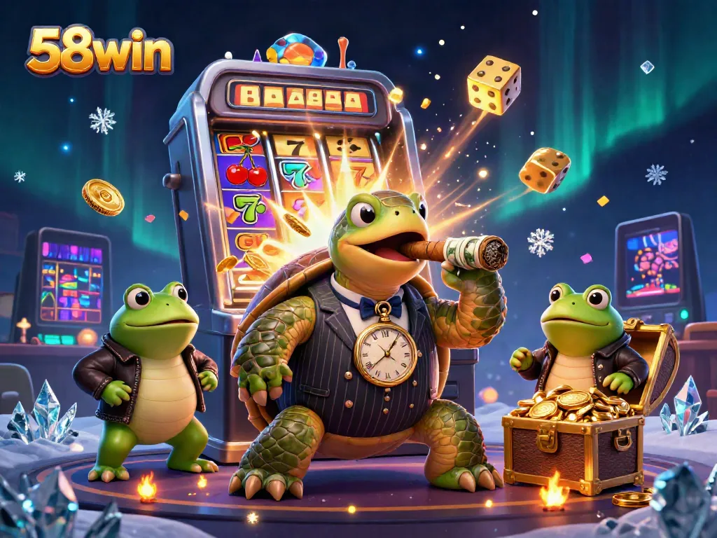 Experience the excitement of 58win with a dynamic 3D illustration featuring a snapping turtle mobster and bullfrog enforcers among casino elements.