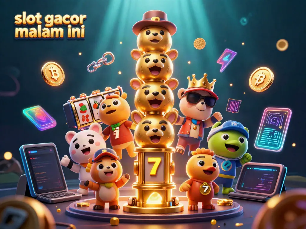 Slot gacor malam ini, simbol permainan slot yang meriah dengan totem dan koin crypto.