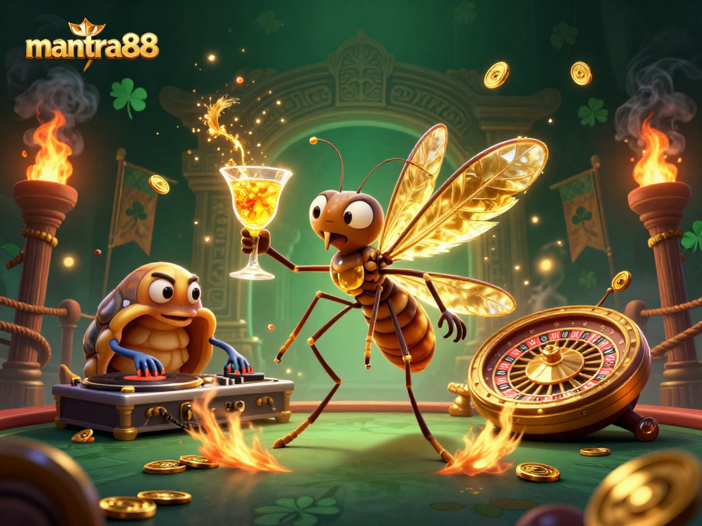 Experience the excitement of mantra88 with a vibrant casino scene featuring unique characters and gambling elements.