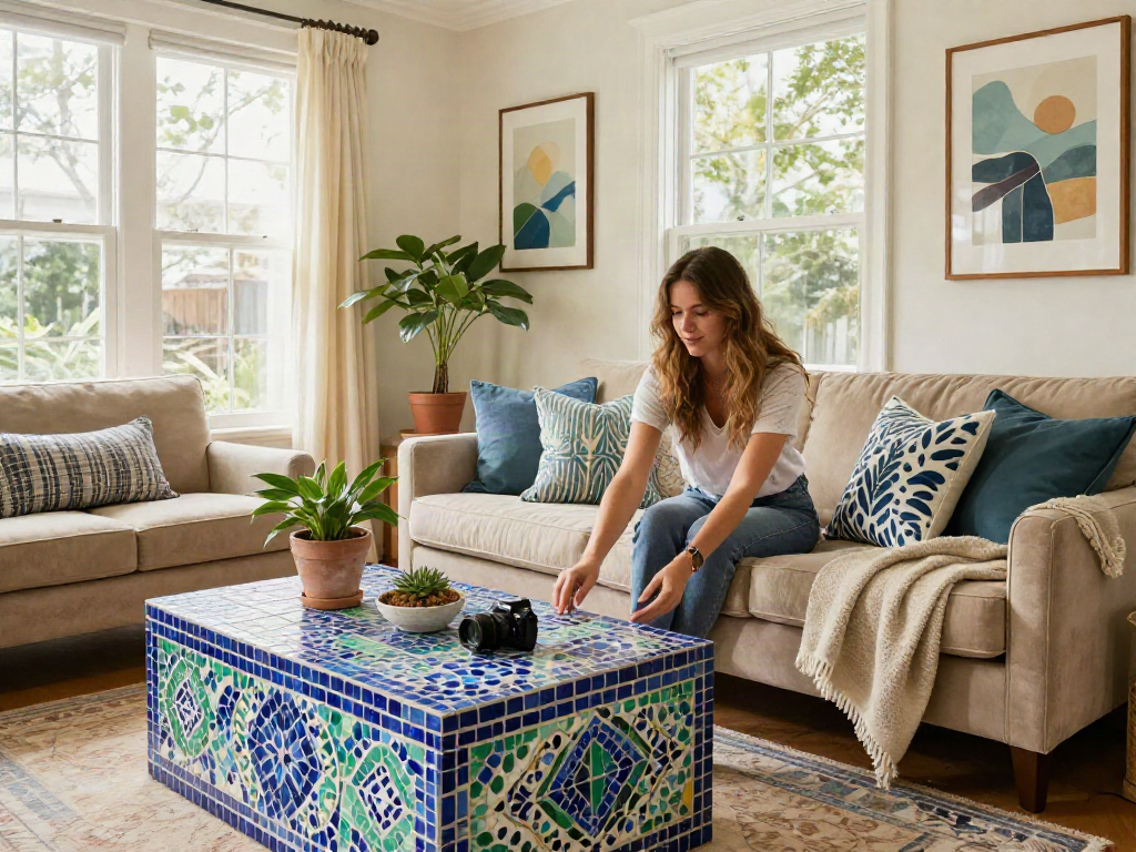 Stylish living room featuring mosaic tiles Sydney, cozy atmosphere with decorative cushions and natural light.