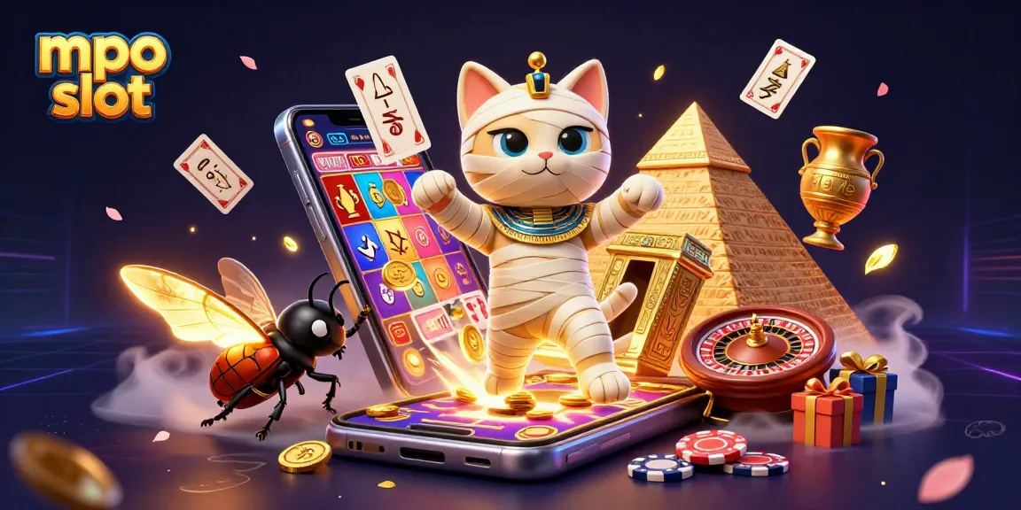 Experience the thrill of mpo slot with a playful mummy cat and a glowing scarab in this vibrant casino scene.