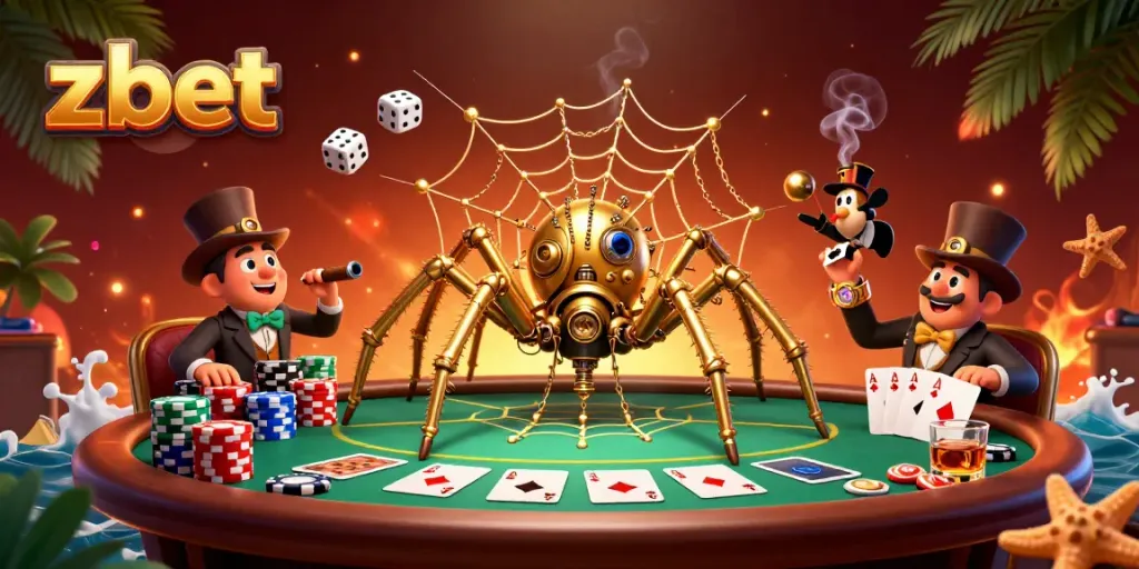 Play at zbet with a dynamic 3D scene showcasing a spider and a fly gentleman amidst poker chips and gaming elements.