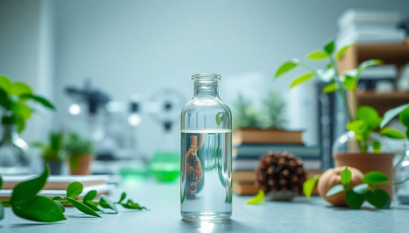 Showcase dmso organic in a laboratory setting with a clear glass vial and natural elements.