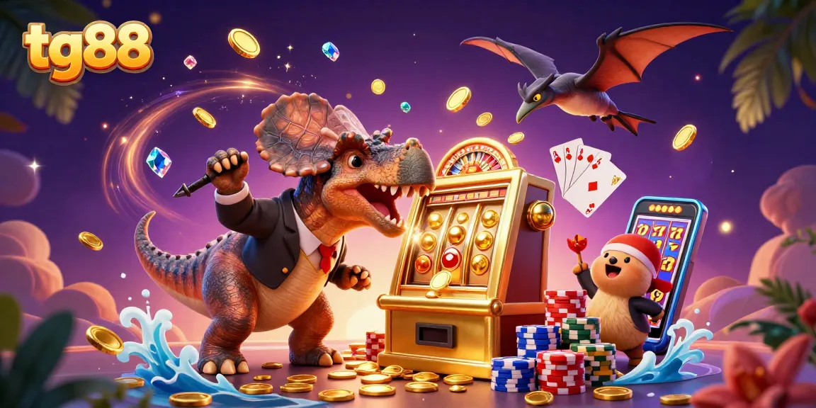 Experience tg88 thrills as a pachycephalosaurus triggers a jackpot while a manager and pteranodon celebrate!