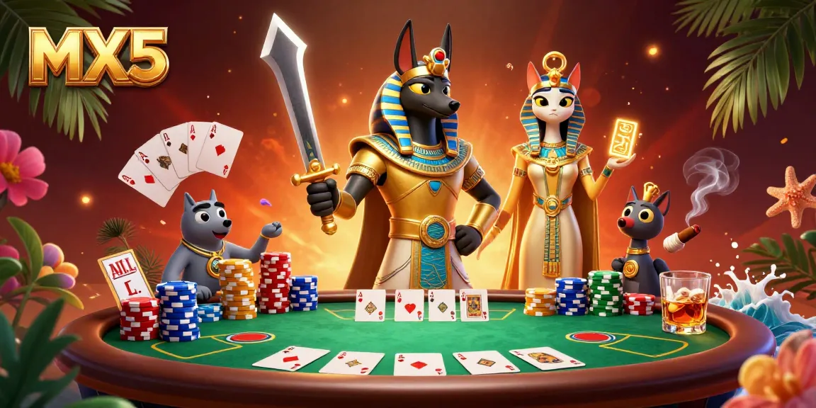 Engage with thrilling poker action at MX5 featuring Anubis and Bastet amidst colorful chips.