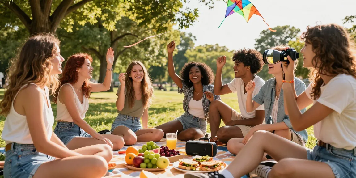 Group of friends enjoying a picnic while guessing how old do I look under sunny trees.