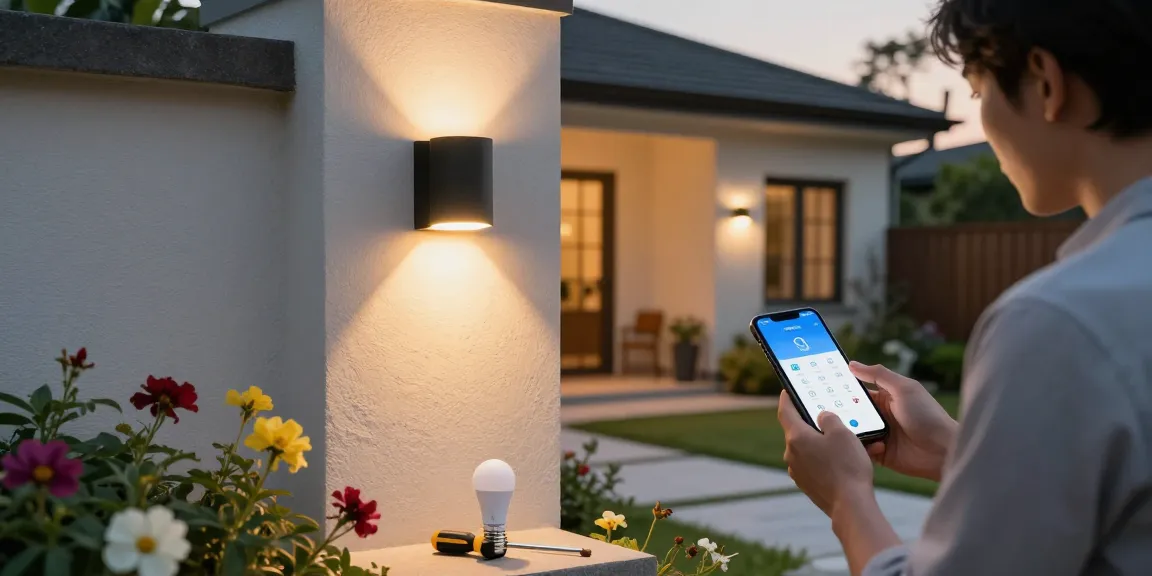 Aplica LED exterior montată pe o casă modernă, iluminând grădina cu flori.