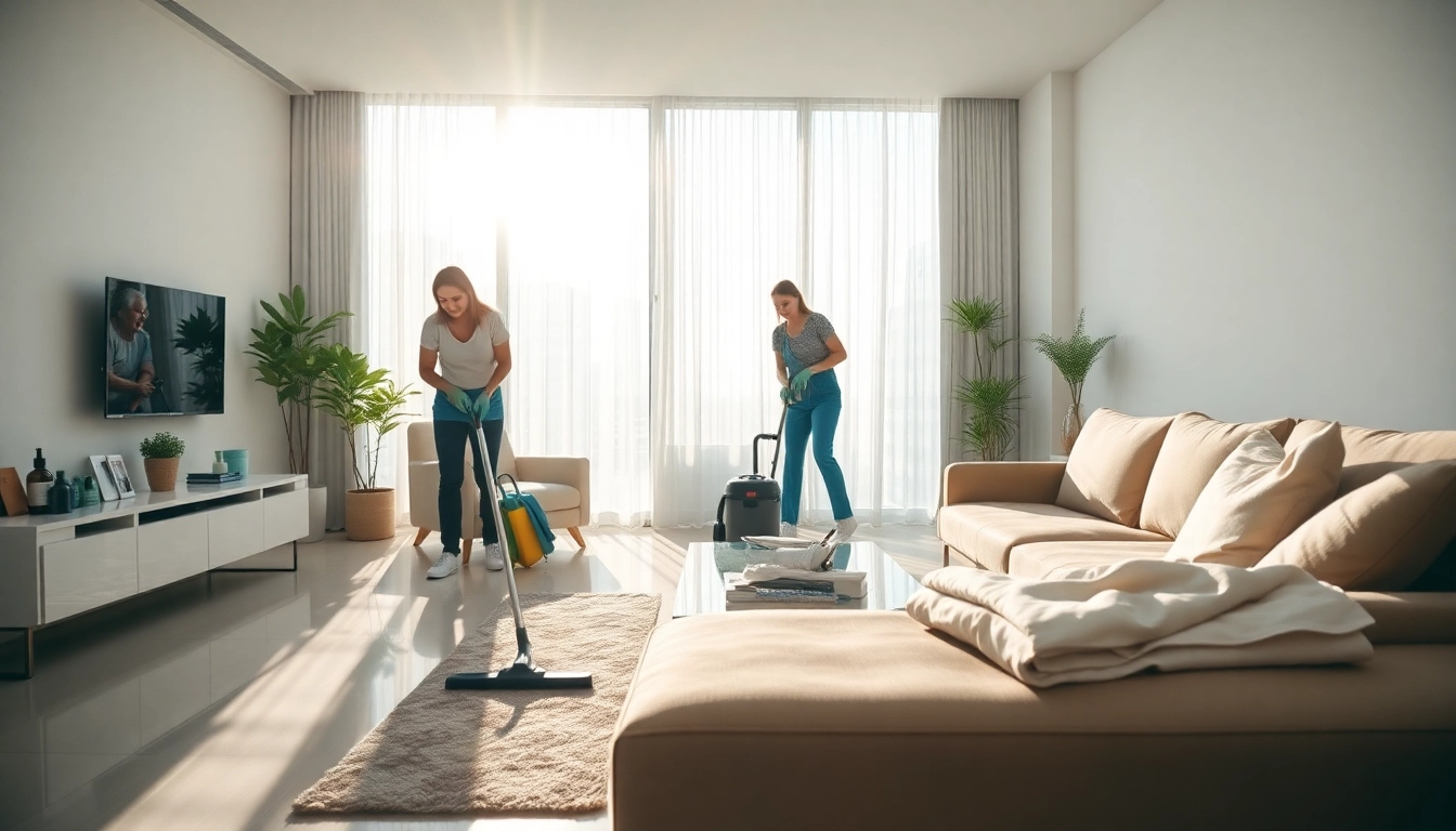 Cleaners performing Bond cleaning brisbane in a bright apartment, ensuring a spotless end of lease.