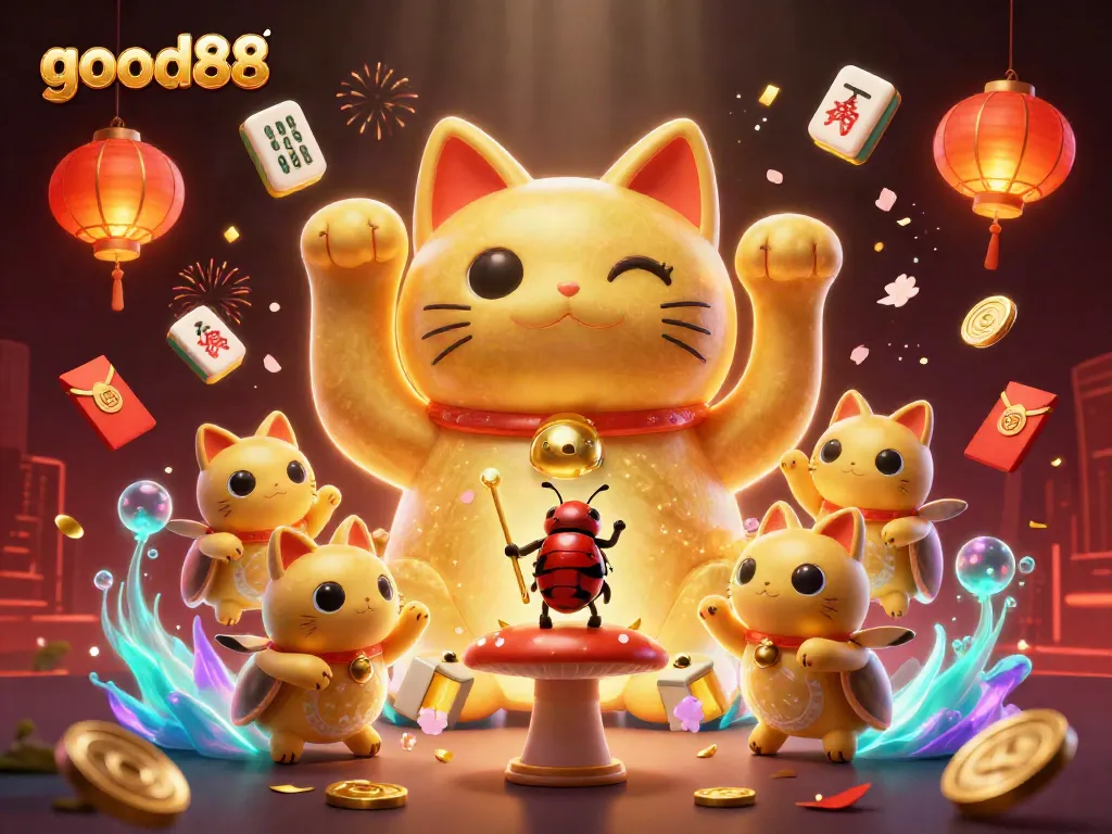 Engage with good88 as golden fireflies create a lucky cat form surrounded by vibrant casino symbols.