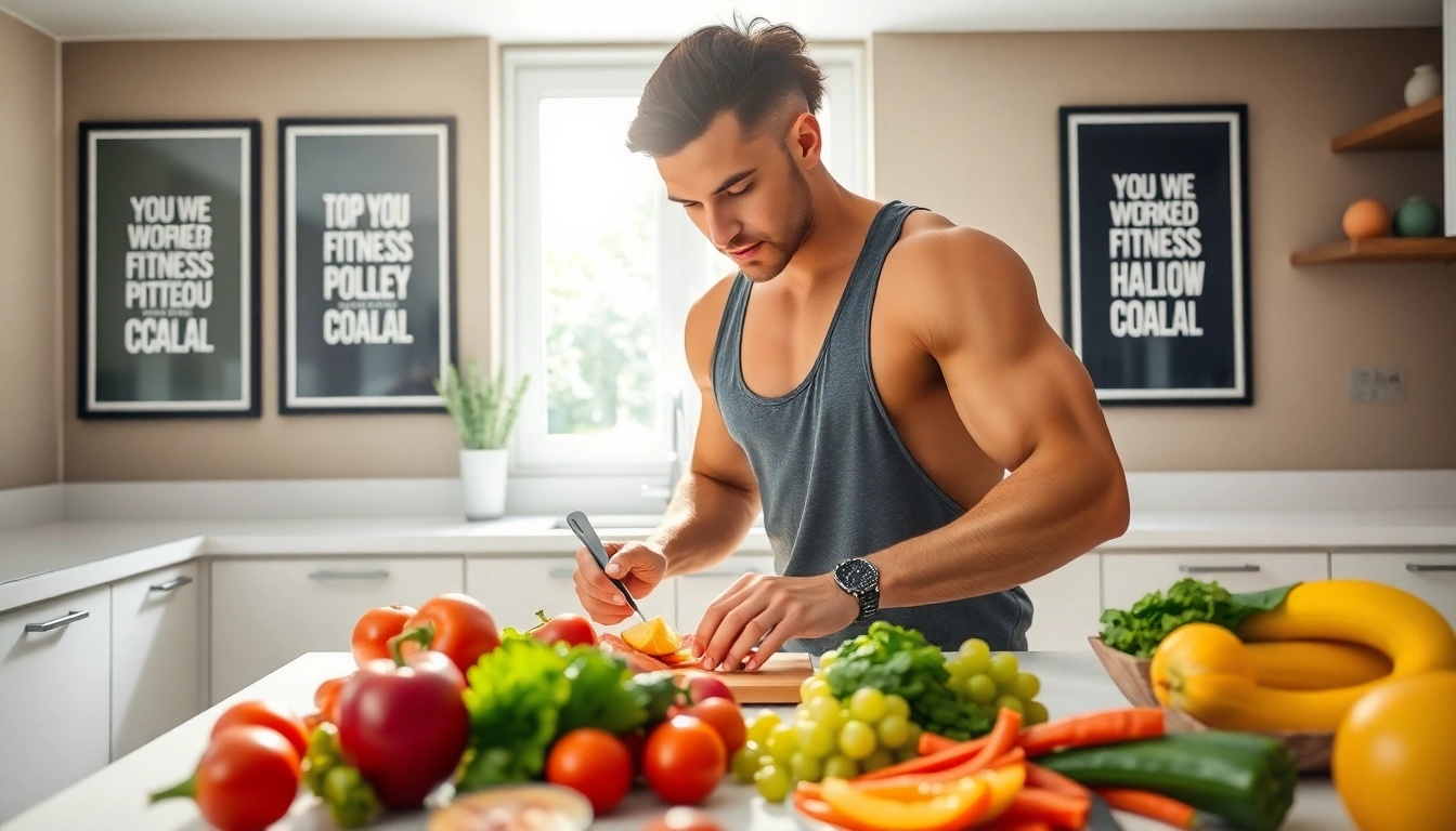 Prepare healthy meals for Fitness and Nutrition with vibrant fruits and vegetables in a bright kitchen.