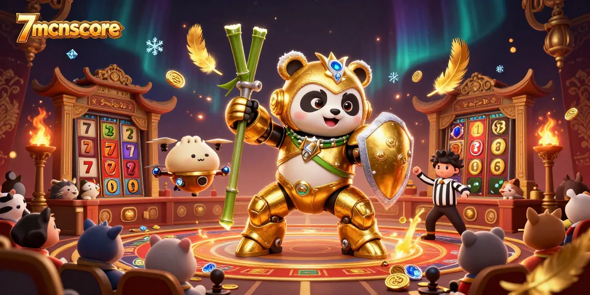 7mcnscore captures an epic casino battle featuring a golden panda in mech-suit amidst slot machines and thrilling action.