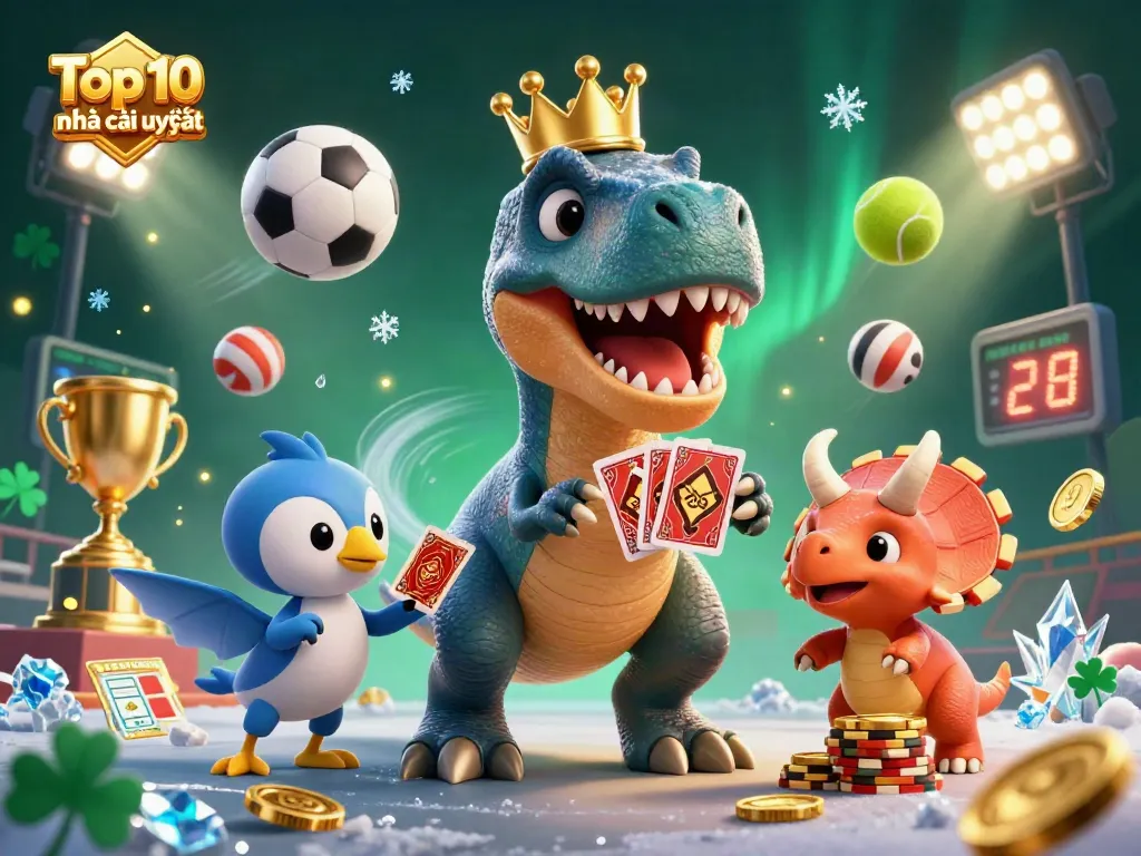 Experience the excitement of Top 10 nhà cái uy tín as a friendly T-Rex shuffles cards, flanked by a pterodactyl and a baby triceratops stacking chips.