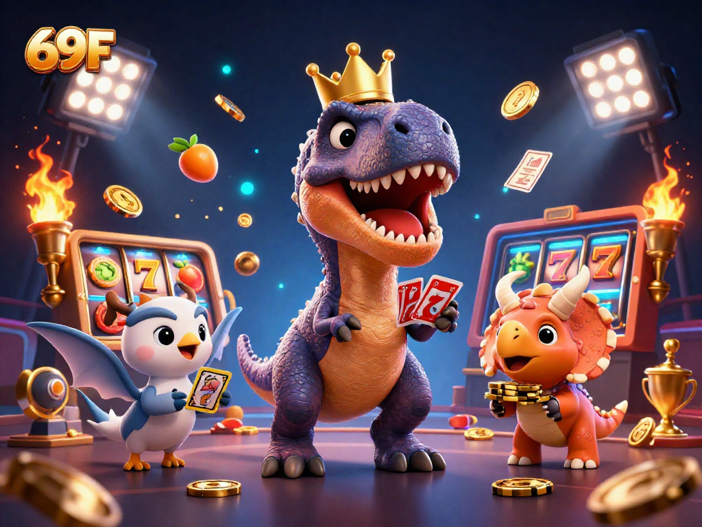Um T-Rex com uma coroa de ouro tenta embaralhar cartas enquanto um pterodátilo ajuda, representando o 69F em um cassino.