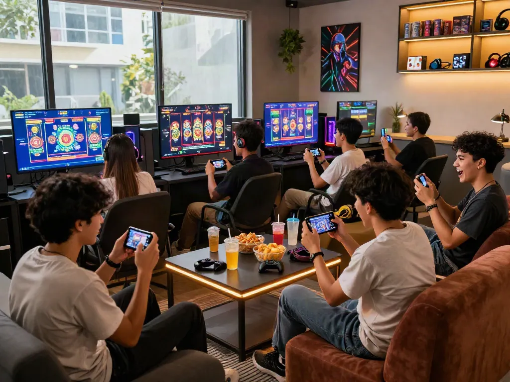 Group of friends enjoying slot resmi games in a vibrant gaming lounge atmosphere.