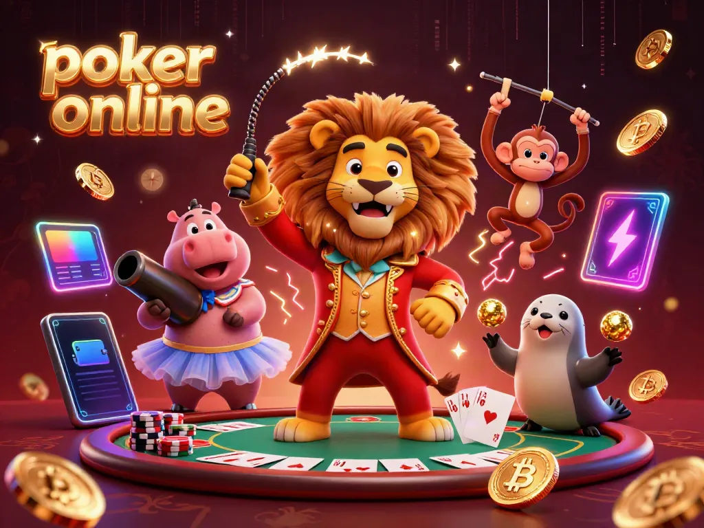 Permainan poker online yang seru ditampilkan dengan karakter 3D karnaval menarik dan elemen kasino yang penuh warna.