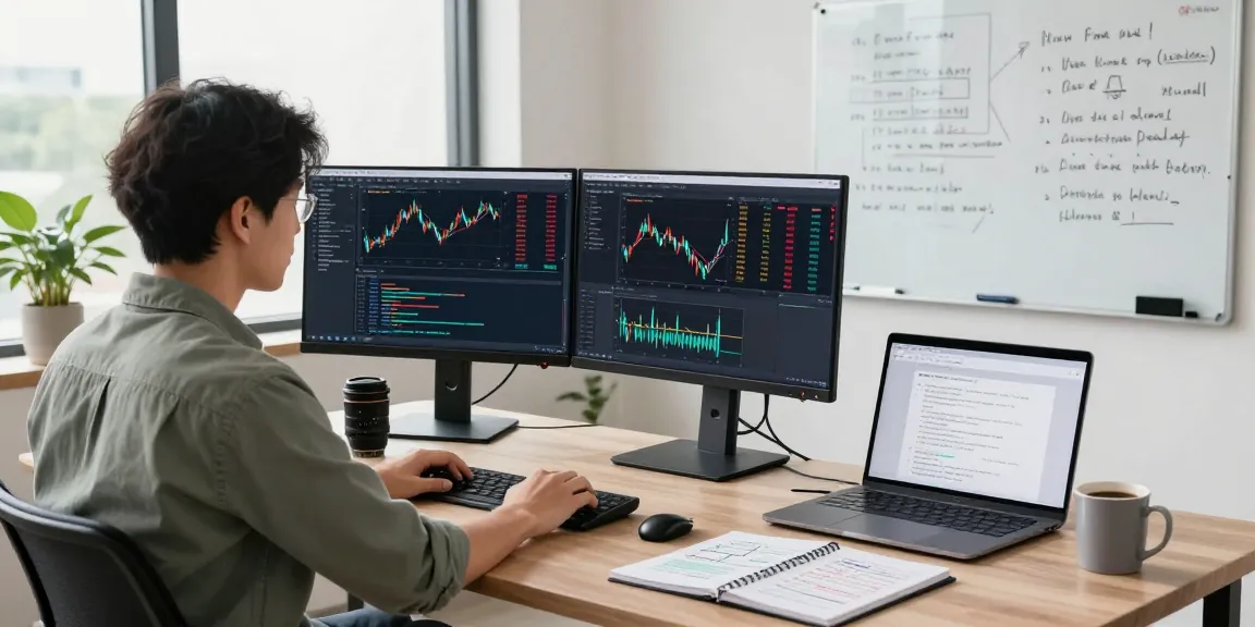 Developer analyzing Singapore stock backtesting API data at a modern workstation, showcasing real-time analytics and stock strategies.