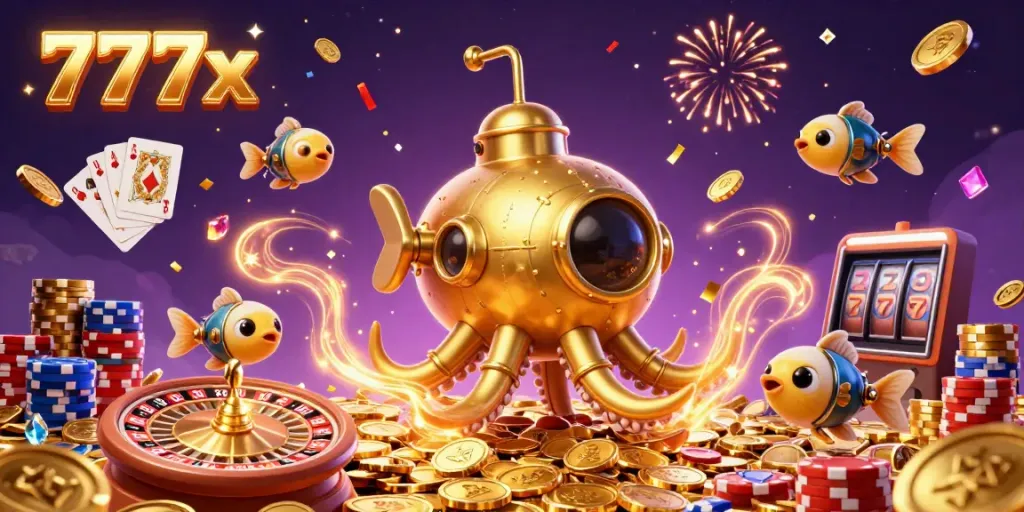 Experience the thrilling excitement of 777x with a vibrant underwater casino scene featuring golden kraken and treasures.