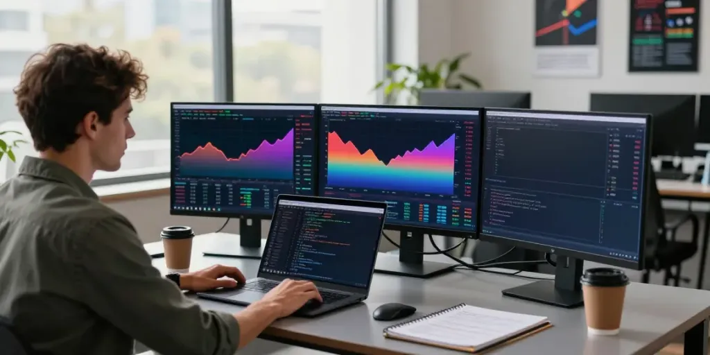 Trader using TradingView on multiple screens with vibrant charts in a modern office workspace