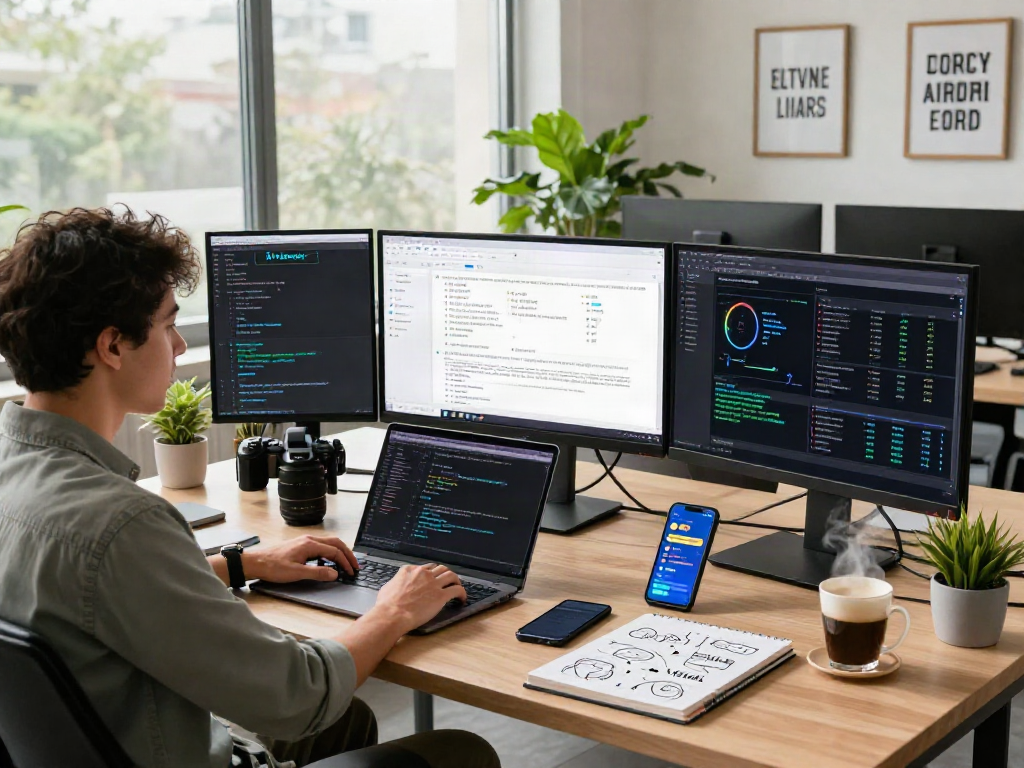 Developer using AI Detector tool on multiple screens in a modern tech workspace, analyzing AI-generated content metrics.