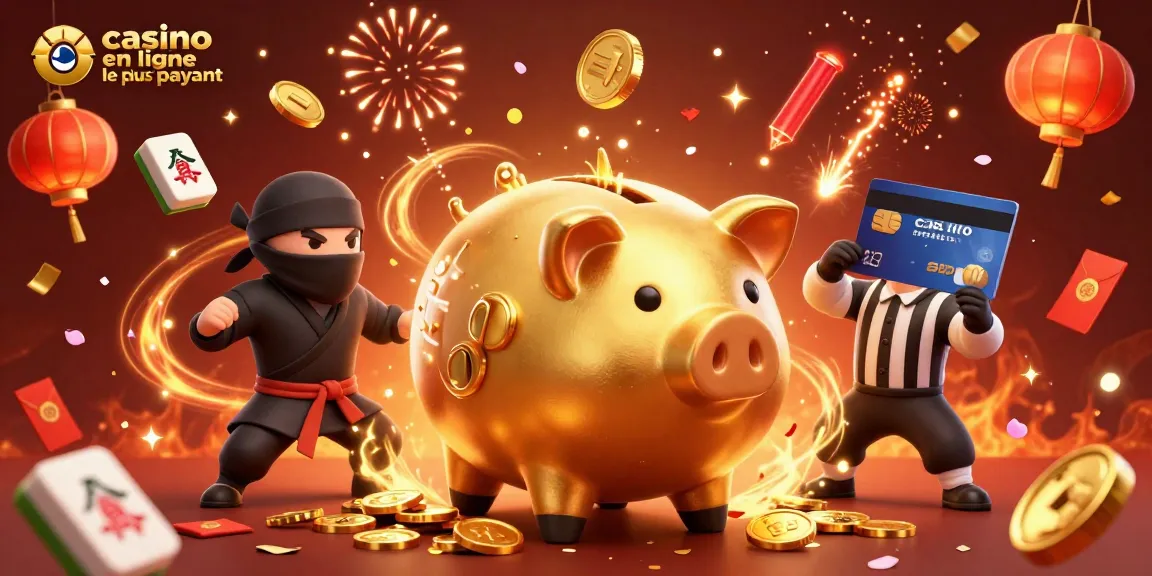 Une scène vibrante avec un sumo en forme de tirelire dorée illustrant le casino en ligne le plus payant, entouré de lumières et de pièces.