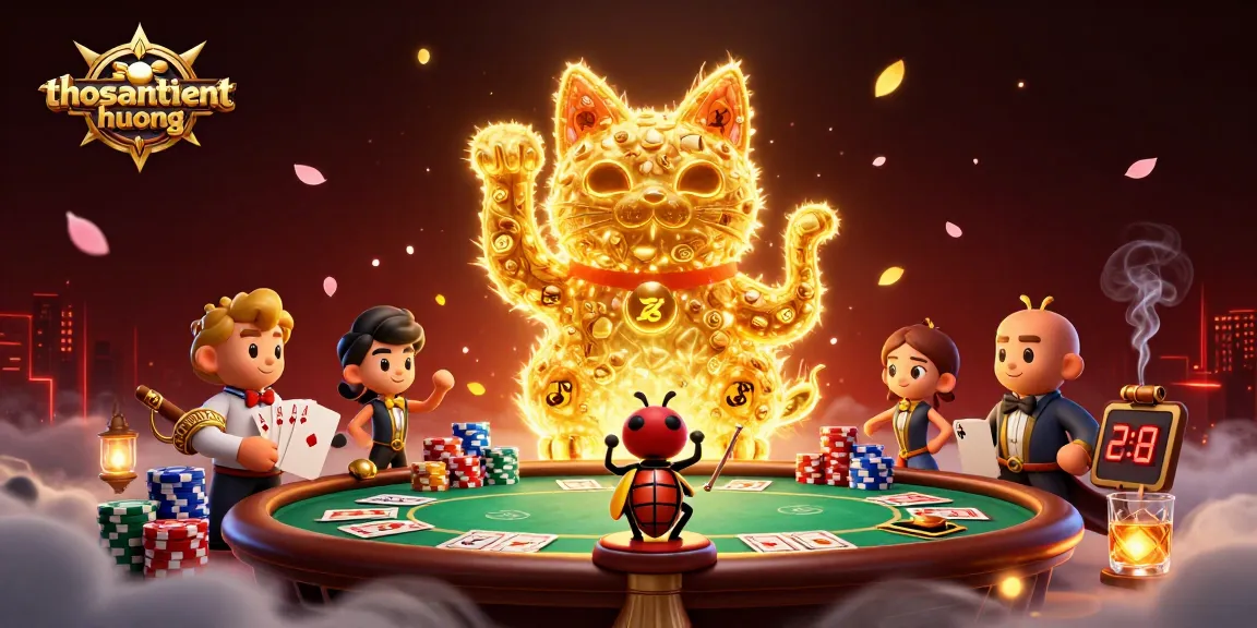Thosantienthuong depicts a dynamic scene of a golden lucky cat formed by fireflies, showing vibrant casino elements.