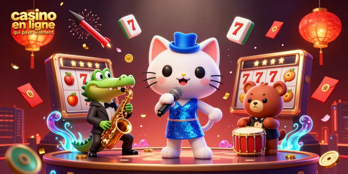 Illustration d'un casino en ligne qui paye vraiment avec un chat chanteur, un crocodile saxophoniste et un ourson à la batterie.