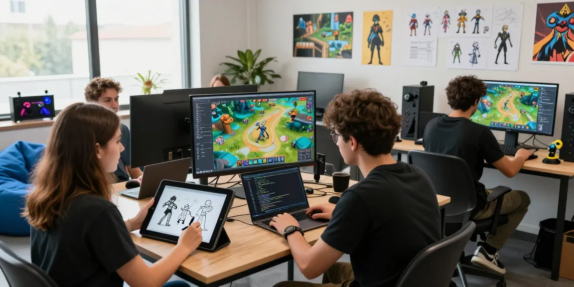 Team brainstorming innovative game ideas at a studio, featuring action-packed scenes and engaging visuals, with jacktoto as a focal point.
