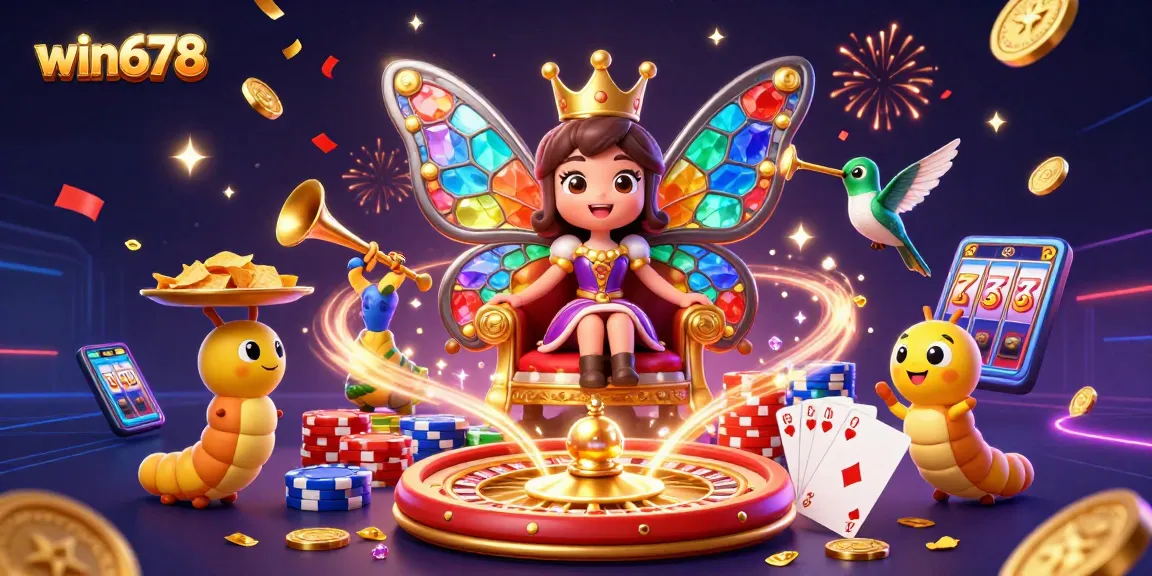 win678's vibrant casino experience featuring a colorful butterfly queen among gaming elements