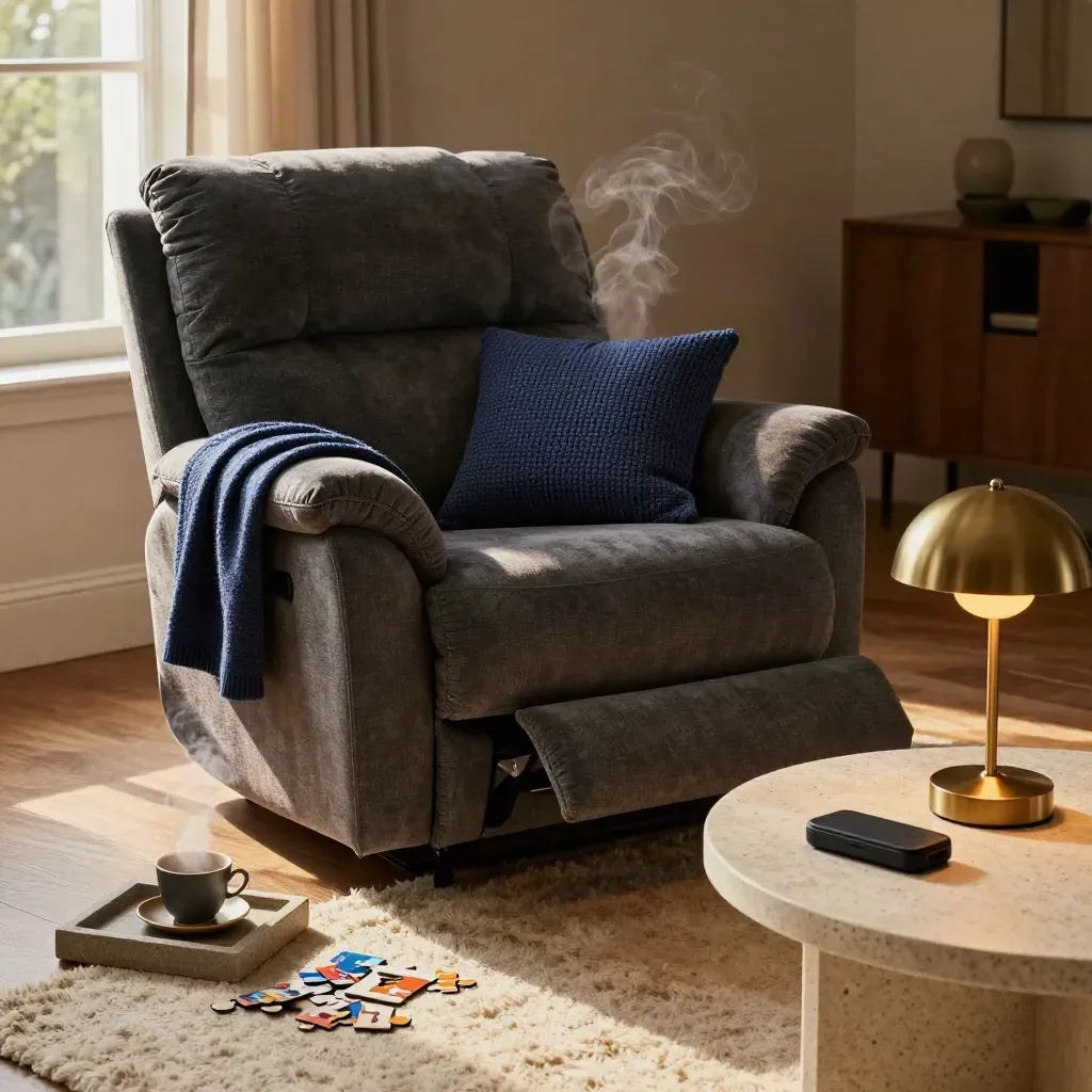 Respite-ready living room with recliner, tea tray, puzzle box, folded throw and lamp.