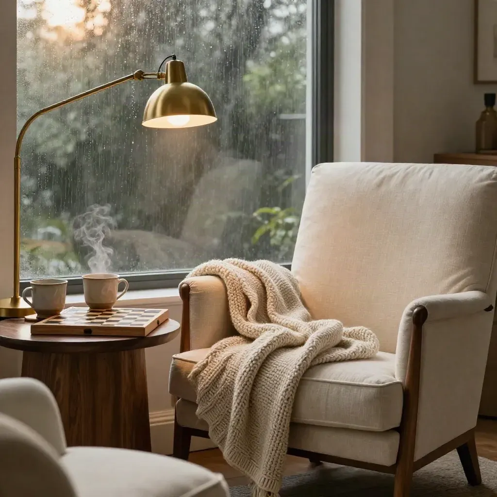 Cozy armchair nook with mugs, checkers board, lamp, blanket, and window light.