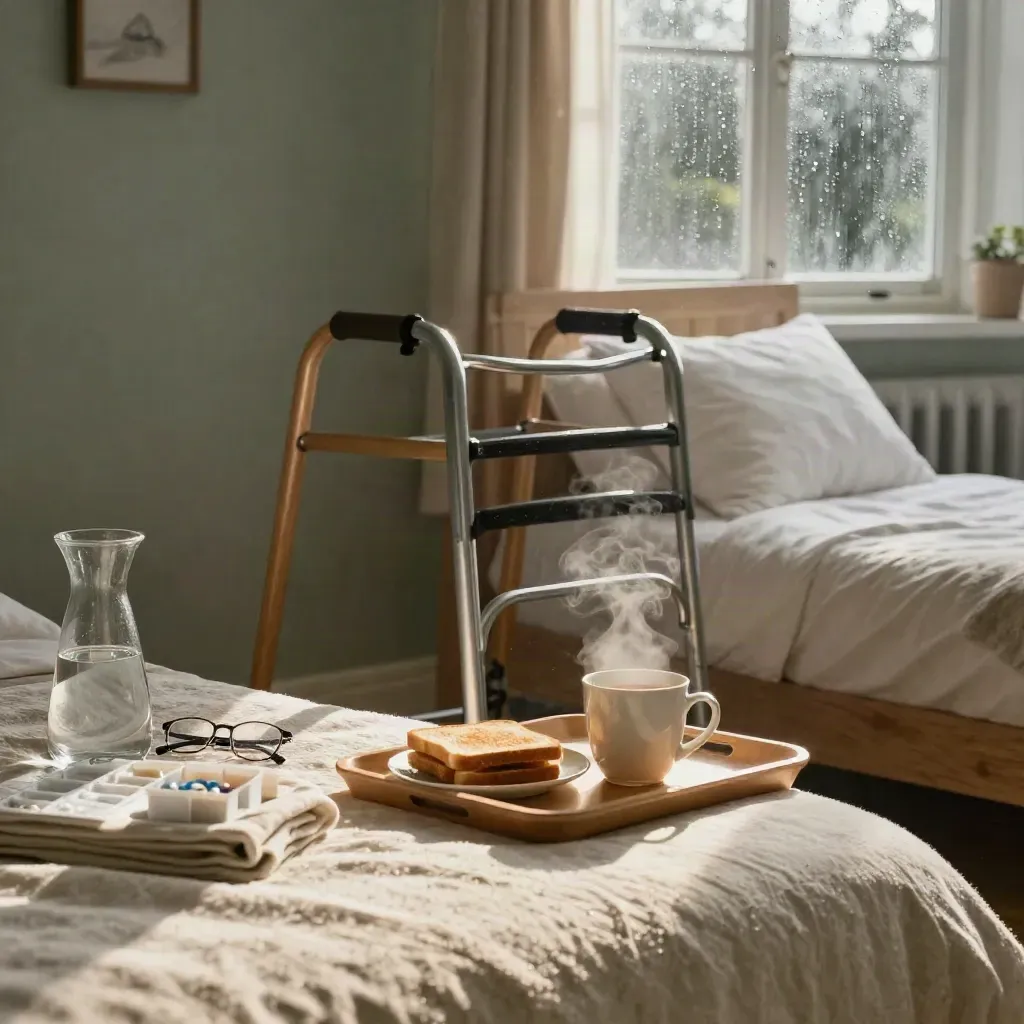 Rainy dawn senior-care bedroom with walker, breakfast tray, tea steam, and soft window light.